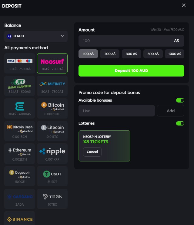 Neospin casino promo code entry field showing bonus activation interface for Australian players