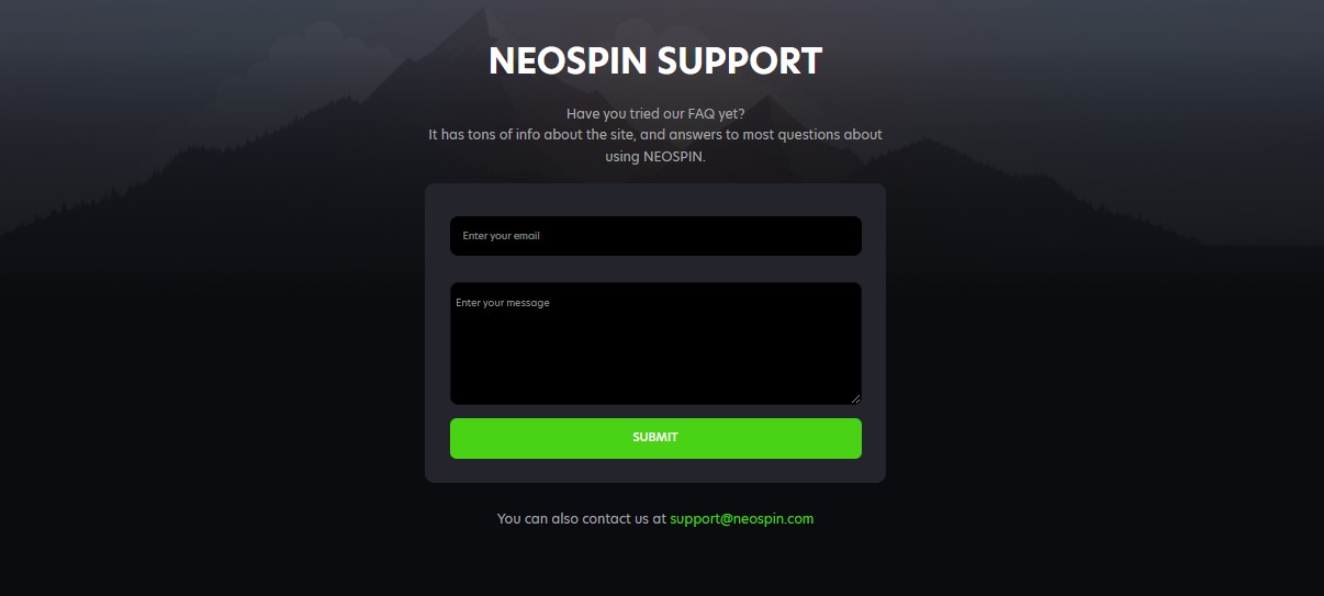 Neospin Casino customer support page with 24/7 live chat for Australia