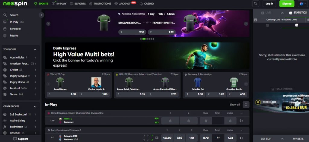 Neospin sportsbook homepage showing Australian sports betting markets AFL NRL cricket