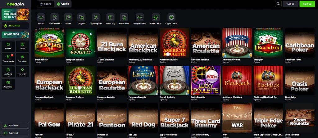 Neospin table games section featuring classic casino games and card games