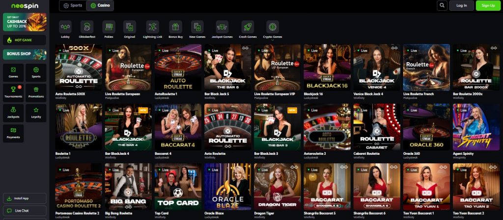 Neospin live casino page featuring Evolution Gaming dealers and table games