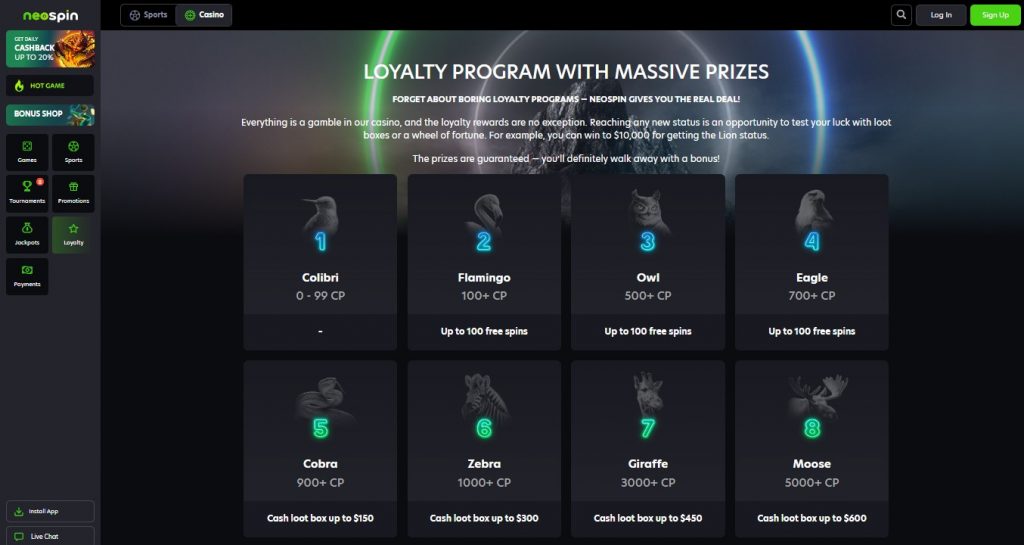 Neospin 16-level VIP program featuring animal-themed ranks and exclusive cash bonuses