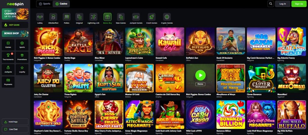 Neospin bonus buy pokies section featuring instant bonus round purchases