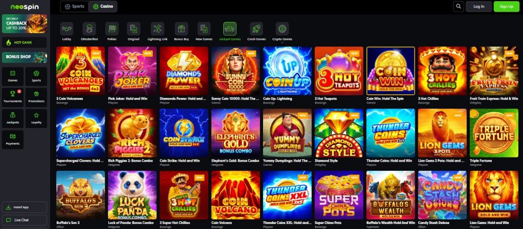 Neospin jackpot games page displaying progressive slots with major prizes