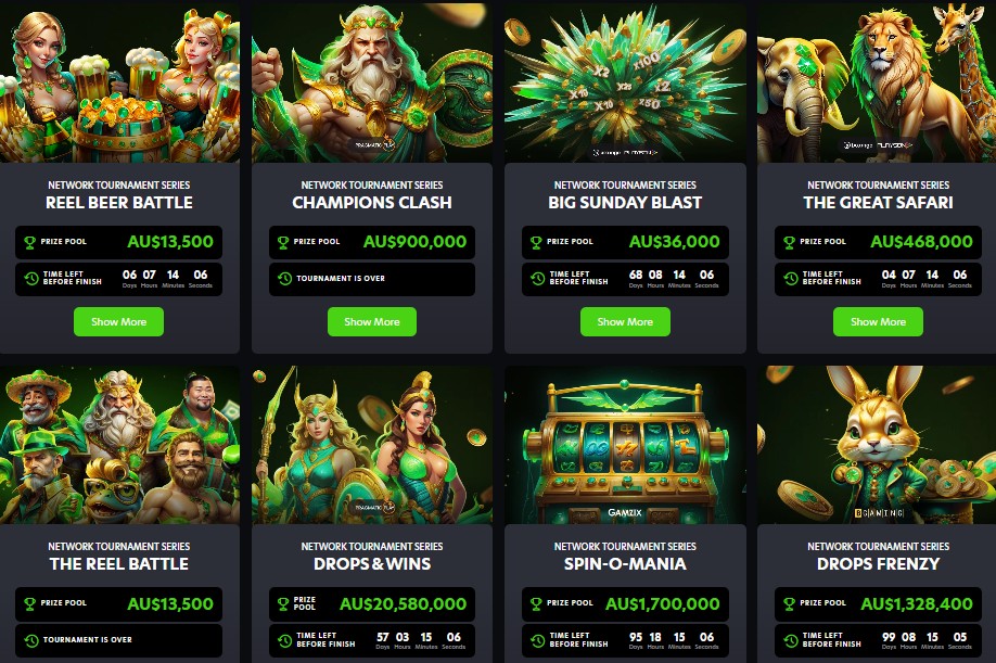 Neospin Casino tournaments page showing Champions Clash and prize pools up to $900000